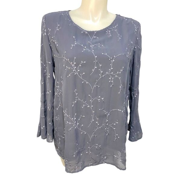 Krazy Kat Gray Embroidered Flowy Bell Ruffle Sleeve Size XL - Picture 1 of 14